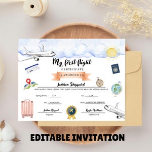 Peut inclure: Certificat "Mon premier vol" avec des illustrations d'avion, de nuages et d'icônes de voyage. Attribué à Jackson Sheppard, il comprend les détails du vol et est conçu comme une invitation modifiable.
