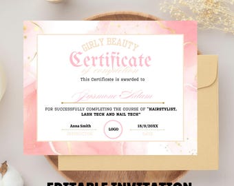 Editable Certificate Of Completion Template Award Template Printable Lash Nail Artist Makeup Certificate Training Certificate Pink Canva