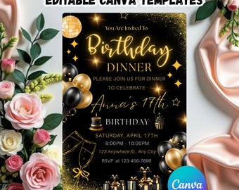 Birthday Dinner Invitation, Editable Birthday Dinner Digital Invite, Dinner Invitation Template, Minimal Birthday Invite, Any Age Invite