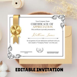 Editable Certificate of Appreciation Template Canva | Printable Award Certificate | Instant Download | Custom Recognition Template