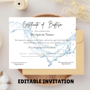 Plantilla de certificado de bautismo editable, certificado de bautismo minimalista imprimible, certificado con fondo de agua, descarga instantánea
