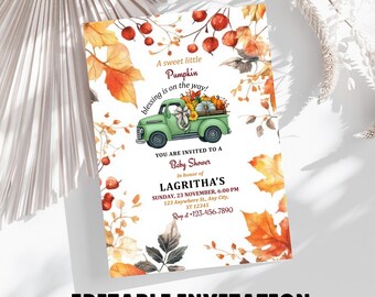 Invito per baby shower autunnale con camion blu Invito per baby shower autunnale con zucca piccola Invito per baby shower autunnale modificabile Stampabile Scarica Canva