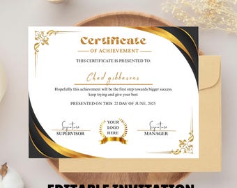 May include: A certificate of achievement with gold and black detailing, presented on a wooden tray with an envelope. The certificate includes the text "Certificate of Achievement" and "Editable Invitation."