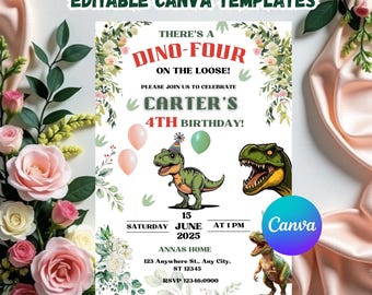 Dino-Four Birthday Invitation, Editable Dinosaur Birthday Invite, T-rex Birthday ,Dino Party, Dinosaur Digital Invitation, Boho, Editable