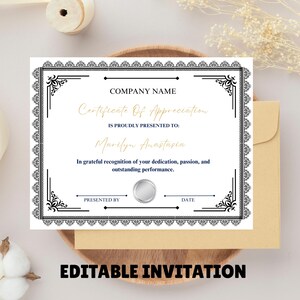 May include: A white certificate with black decorative borders and gold text, including "Certificate Of Appreciation" and "Marilyn Anastasia." The certificate is on a wooden tray with a gold envelope and the words "EDITABLE INVITATION" at the bottom.