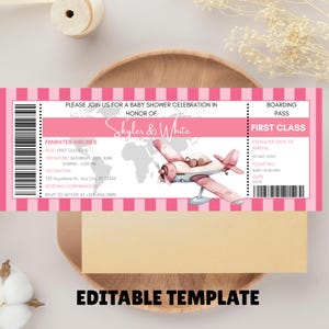 Boarding Pass Baby Shower Invitation, Pink Adventure Awaits Travel Themed World Map Editable Digital Invite Passport Airplane, Plane Ticket