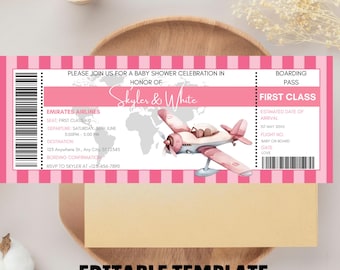 Boarding Pass Baby Shower Invitation, Pink Adventure Awaits Travel Themed World Map Editable Digital Invite Passport Airplane, Plane Ticket