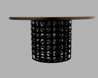 Custom collection dining table with designer steel base rolled into circles solid wood top in diameter of your choice