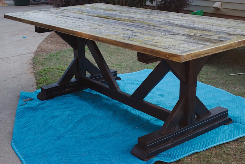 Trestle Base Barn Wood Table With Marine Finish in Rye Grass Etsy