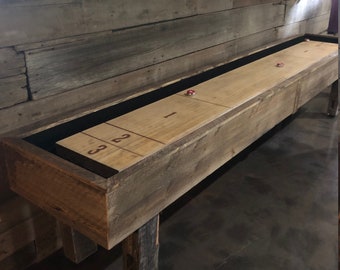 The Kerf shuffle board table with solid maple playing surface