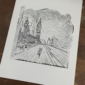 Luna Coyote Big Ben : Original Linocut Print