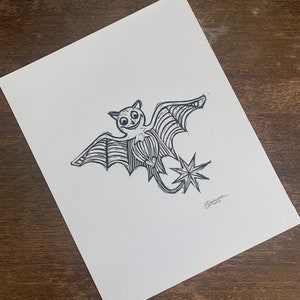 Vintage Bat  : Original Linocut Print