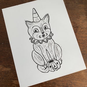Halloween Katze : Original Linoldruck