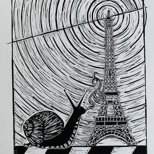 Escargot an Eiffel  : Original Linocut Print