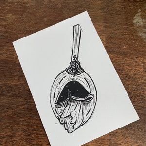 Mushroom on a Spoon: Original Linocut Print