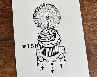 Wish Birthday Candle  : Original Linocut Print