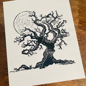 Gespenstischer Baum : Original Linoldruck 8x10 V
