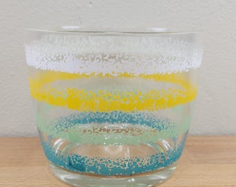 Vintage MCM Libby Aqua Yellow & White Stripes Glass Ice Bucket