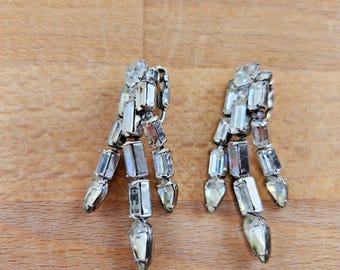 Vintage Kramer of New York Clear Rhinestone Chandelier Clip On Earrings- Glam