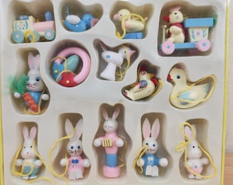 Vintage Wooden Easter Mini Ornaments 14pcs- Easter Tree Miniatures