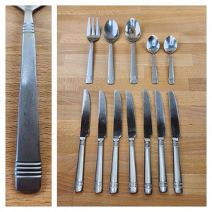 Vintage Stainless Satin Banded Flatware- 12 Pieces- Serving Set