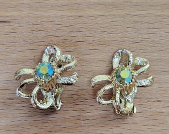 Vintage Bow and Aurora Borealis Rhinestone Clip-On Earrings