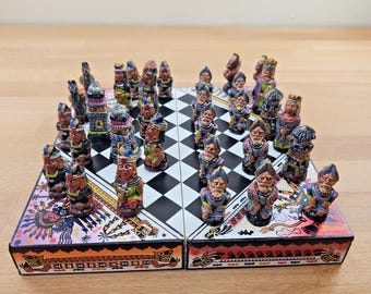 Vintage Peruvian Chess Set - Incas vs Conquistadors Clay Figurines w/ Travel Box