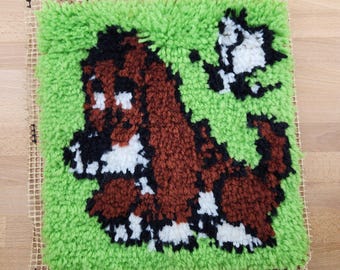 Vintage Retro Completed Hound Dog & Butterfly Latch Hook 13X13"- Gallery Wall