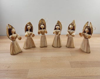 Vintage Scandanavian Corn Husk Angel Christmas Ornaments- Lot of 6 Handmade 6"