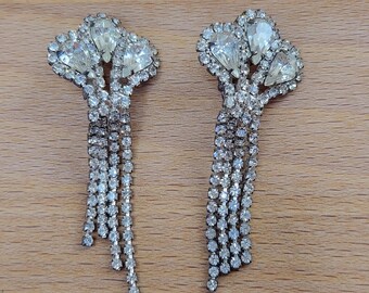 Vintage Clear Rhinestone Chandelier Clip On Earrings- Hollywood Glam
