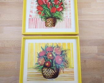 Vintage Retro Framed Toni Evins Marks Flower Prints- Gallery Wall Tulips Zinnias