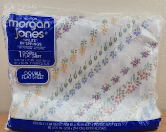Vinatge Morgan Jones Twilite Double Flat Sheet Floral Stripe Cute Cottage Fabric