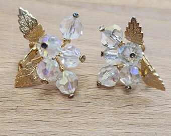 Vintage Aurora Borealis Cluster Berries & Leaves Clip-On Earrings