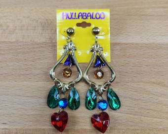 Vintage 80s Multicolor Plastic Gem Chandelier Dangle Earrings