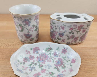 Vintage Takahashi San Francisco Porcelain Bathroom Set- Pastel Floral- Soap Dish