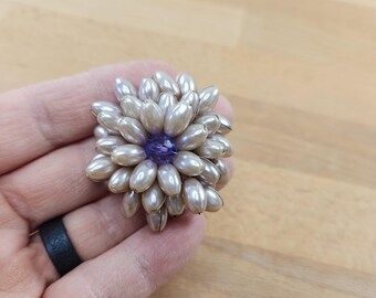 Vintage Faux Pearl Beaded Cluster Chrysanthemum Flower Brooch Pin 1.5”