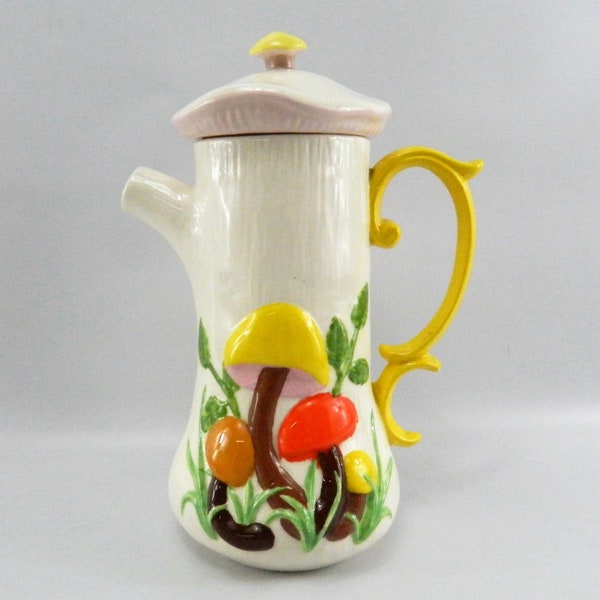 Vintage Mushroom Coffee Pot- 1970s- Arnels-Retro Hand Painted Ceramic Pitcher