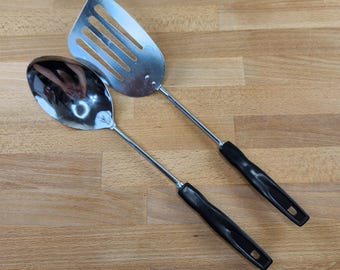 Vintage Kitchen Utensil Serving Spoon & Spatula Turner Black Plastic Handle