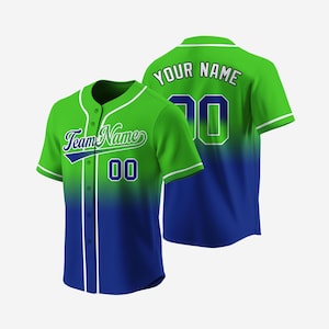 May include: Green and blue baseball jersey with white trim. The jersey features the text "Team Name" on the front and "Your Name" and the number "00" on the back. The jersey has a button-up front and short sleeves.
