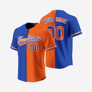 Custom Orange and Blue Split Baseball Jersey – Personalized Shirt with Name and Number Heat Pressed or Embroidered for Teams