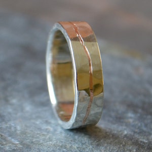 Sterling Silver and Rose Gold Mens Wedding Band Eco Friendly Recycled 14K Gold and Sterling Silver The Golden Flow Ring image 3