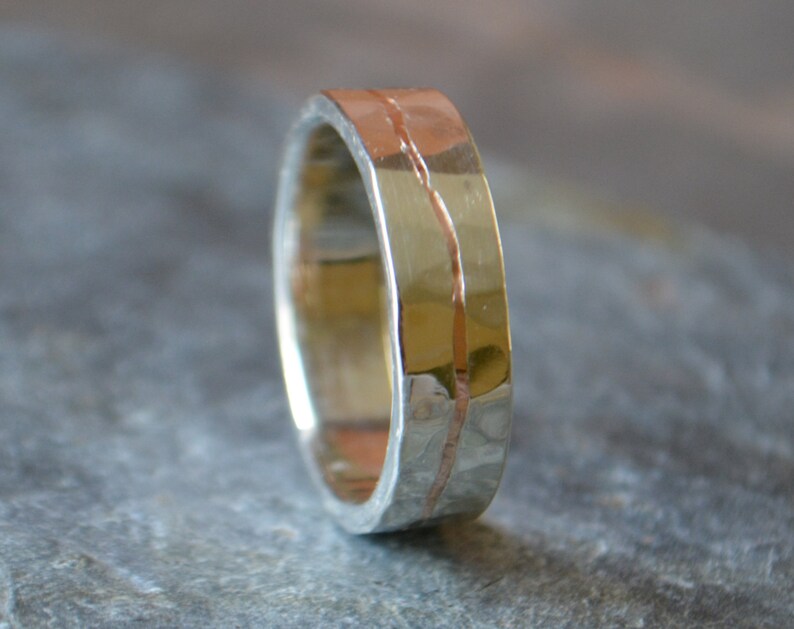 Sterling Silver and Rose Gold Mens Wedding Band Eco Friendly Recycled 14K Gold and Sterling Silver The Golden Flow Ring image 3