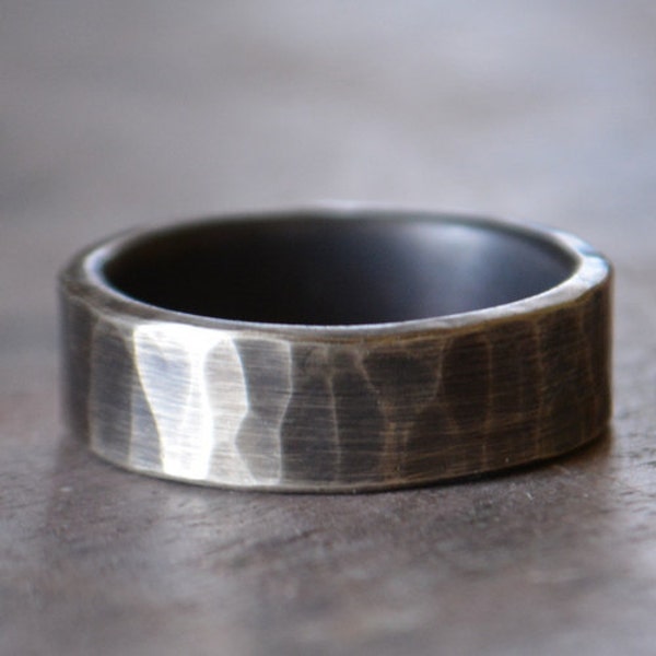 Men's Wedding Band Hammered Sterling Silver 6mm Wide Band