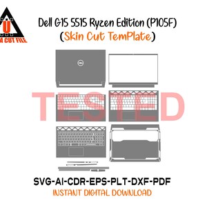 May include: A digital template for a Dell G15 5515 Ryzen Edition (P105F) laptop skin, featuring top-down views of the device. The design includes the top, keyboard, and bottom sections, with the text "Skin Cut Template" and file type information.