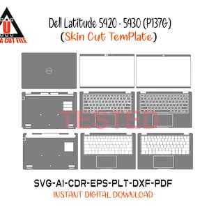 Op de afbeelding: Een grijze digitale sjabloon voor een Dell Latitude 5420-5430 (P137G) laptop skin, met uitsparingen voor verschillende onderdelen van het apparaat. De tekst "ULTRA CUT FILE" en "INSTANT DIGITAL DOWNLOAD" is inbegrepen.