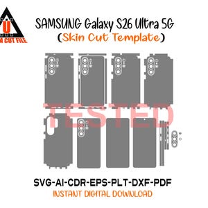 May include: A digital template for a Samsung Galaxy S26 Ultra 5G phone skin, featuring various cut-out designs for different phone parts. The image includes the text "SAMSUNG Galaxy S26 Ultra 5G (Skin Cut Template)" and "ULTRA CUT FILE".