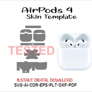 Puede incluir: Una funda de carga blanca para AirPods 4 con dos auriculares dentro, junto a una plantilla de piel gris. Las palabras "AirPods 4 Skin Template" están en la parte superior, con "TESTED" en rosa en el medio. Debajo está "INSTANT DIGITAL DOWNLOAD".