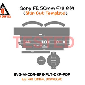 Peut inclure: Un modèle numérique pour une découpe de peau d'objectif Sony FE 50mm F1.4 GM, avec un design gris et diverses formes, ainsi que le logo Sony. L'image comprend le texte "Ultra Cut File" et des informations sur le type de fichier.