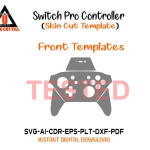 以下が含まれることがあります： Switch Proコントローラーのスキンカットテンプレートのデジタルデザイン。画像には、ボタンが付いた灰色のコントローラーの輪郭と、「Switch Pro Controller（Skin Cut Template）」と「Front Templates」というテキストが表示されています。インスタントデジタルダウンロード。