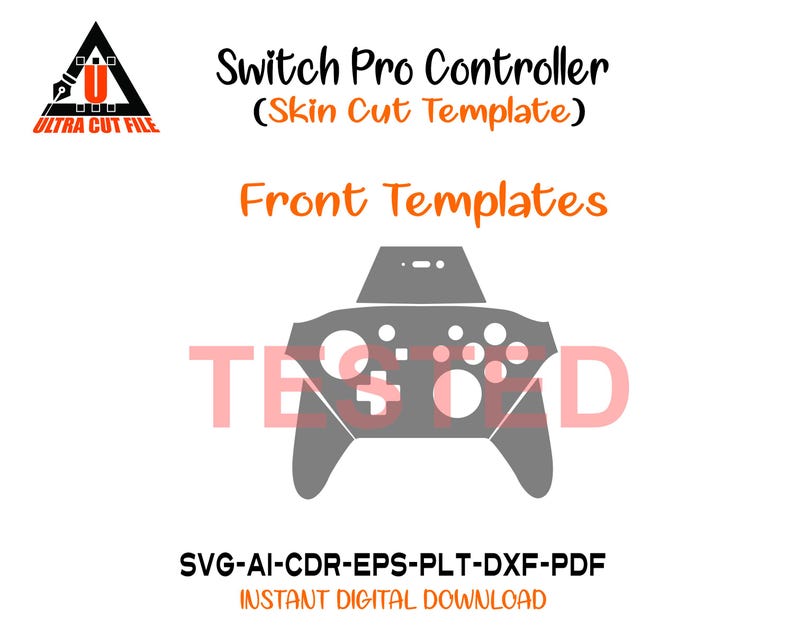 以下が含まれることがあります： Switch Proコントローラーのスキンカットテンプレートのデジタルデザイン。画像には、ボタンが付いた灰色のコントローラーの輪郭と、「Switch Pro Controller（Skin Cut Template）」と「Front Templates」というテキストが表示されています。インスタントデジタルダウンロード。